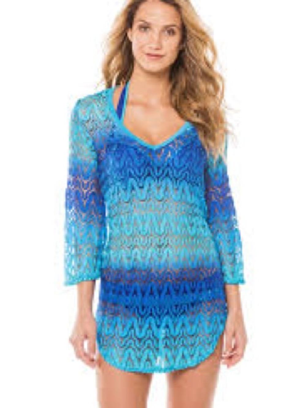 ELIF Blue Lace Overlay Swimsuit Coverup, Small